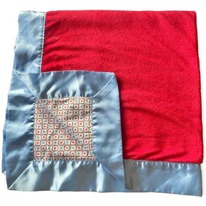 Caden Lane Nursery Baby Blanket Blue Satin Edges Plush Red White Square Dot 32”